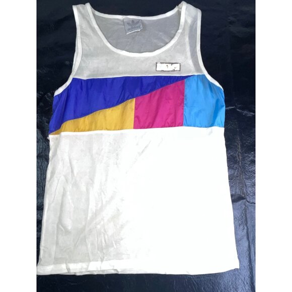 90s Adidas Trefoil Logo Mesh Tank Top White Color Block Retro Nylon Panels Small - Picture 1 of 10